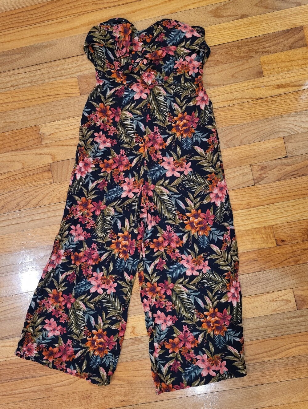 American Eagle Strapless Black Floral Wide-Leg Jumpsuit